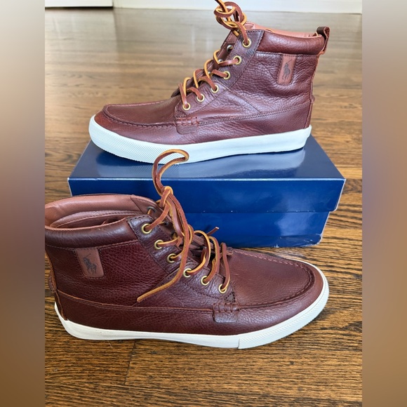 Polo Ralph Lauren Travis Leather High Top Sneakers Brown Size 10.5D New - Picture 2 of 7